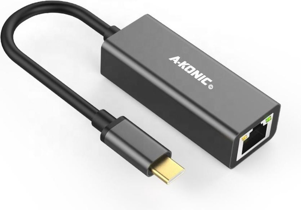 A-KONIC© USB-C Naar Ethernet Adapter | USB C To Internet RJ45 Poort / LAN Netwerk | 10/100/1000 Mbps | Apple Macbook Pro | Dell XPS | Lenovo | Samsung | Chromebook | HP | Spacegrey